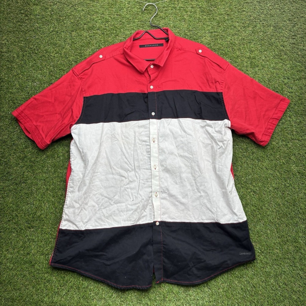 Sean John Button Down Shirt Mens 3XB 3XL Red Black Short Sleeve Casual Y2K
